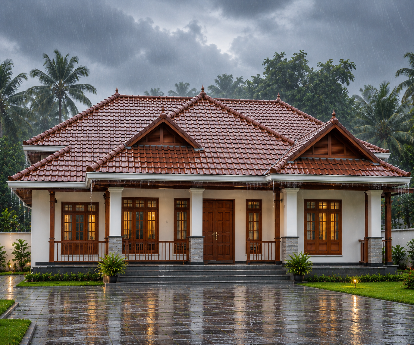 Tapco roof tiles on a Kerala home during rainy weather